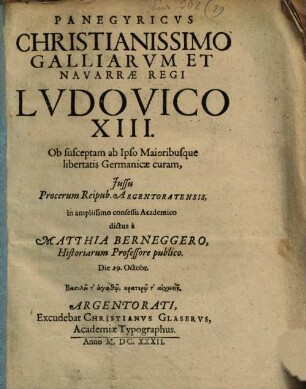 Panegyricus Christianissimo ... Ludovico XIII. dictus