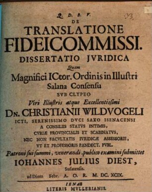 De Translatione Fideicommissi. Dissertatio Iuridica