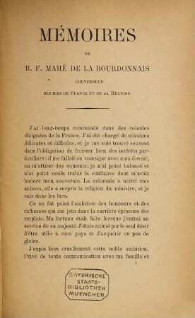 Memoires historiques de B. F. Mahé de la Bourdonnais : Recueillis et publiés par son petitfils. Orné du portrait de l'auteur