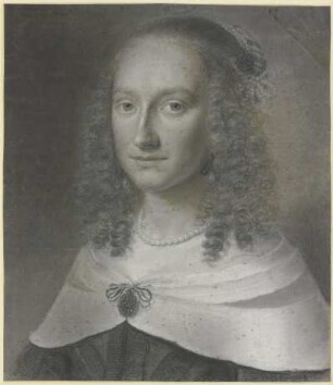 Brustbild einer Dame mit langen Locken und weißem Umschlagetuch, gehalten von einer Agraffe