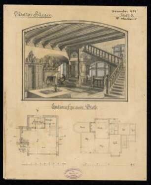 Treppenhaus Monatskonkurrenz Dezember 1891: Grundriss Erdgeschoss, Diele, perspektivische Ansicht; 2 Maßstabsleisten