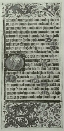 Illumination eines Stundenbuches: Schriftspiegel mit ornamentaler Umrahmung und Initiale mit bethlehemitischen Kindermord