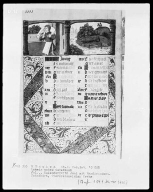 Lateinisches Gebetbuch mit französischem Kalender — Buchseite Juni mit Monatsarbeit und Tierkreiszeichen Krebs