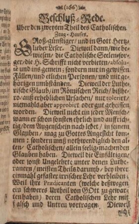 Beschluß-Rede. Uber den zweyten Theil des Catholischen Zeug-Hauses.