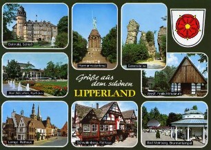 Postkarte: Grüße aus dem schönen Lipperland. Detmold, Schloß; Bad Salzuflen, Kurhaus; Lemgo, Rathaus; Schwalenberg, Rathaus; Bad Meinberg, Brunnentempel; Westf. Freilichtmuseum; Externsteine; Hermannsdenkmal