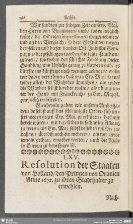 LXV. Resolution der Staaten von Holland, den Printzen von Oranien Anno 1672, zu ihren Stadthalter zu erwehlen