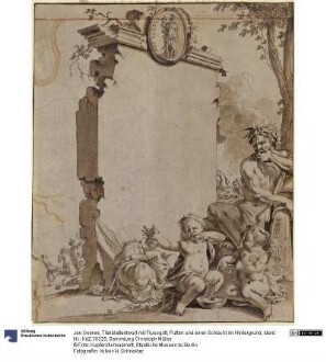 Titelblattentwurf mit Flussgott, Putten und einer Schlacht im Hintergrund
