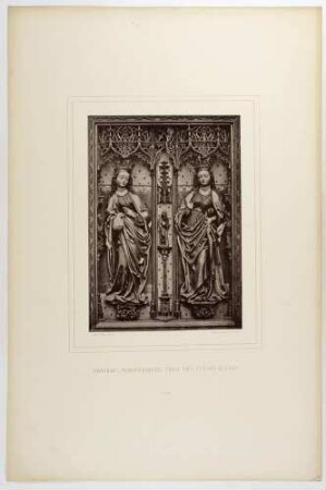 Zwei Heiligenfiguren in gotischem Maßwerk, Teil des Wandelaltars von Michael Wolgemut im Dom St. Marien in Zwickau in Sachsen, Blatt 45 aus: Monumente des Mittelalters und der Renaissance ... von 1875