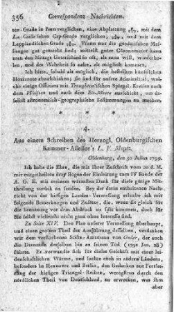 Aus einem Schreiben des Herzogl[ich] Oldenburgischen Kammer-Assessors L.F. Mentz : Oldenburg, den 30. Julius 1799