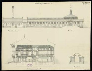 Kurhaus und Badeanlage, Hamm Monatskonkurrenz März 1882: Querschnitt des Haupthauses, Aufriss Hofansicht und Querschnitt des Seitenflügels