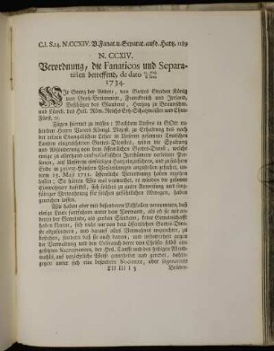 N. CCXIV. Verordnung, die Fanaticos und Separatisten betreffend, de dato 28. Maji/8. Junii 1734.