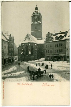 Meißen. Frauenkirche und Markt mit Pferdeschlitten im Winter