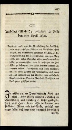CIII. Landtags-Abschied, vollzogen zu Zelle den 2ten April 1698.