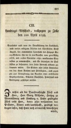 CIII. Landtags-Abschied, vollzogen zu Zelle den 2ten April 1698.