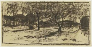 Obstbäume im Schnee, im Hintergrund Häuser