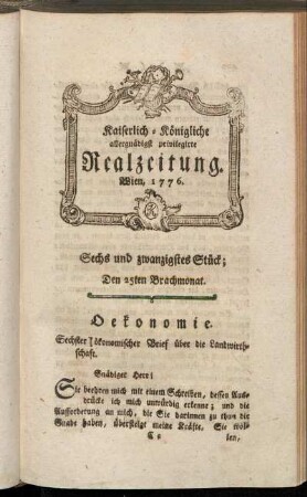 Sechs und zwanzigstes Stück; Den 25ten Brachmonat. Wien, 1776.
