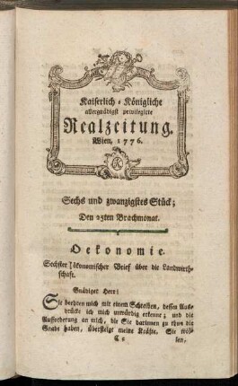 Sechs und zwanzigstes Stück; Den 25ten Brachmonat. Wien, 1776.