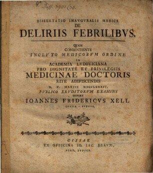 Dissertatio Inavgvralis Medica De Deliriis Febrilibvs