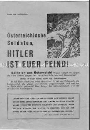 Sowjetisches Abwurf-Flugblatt mit einem Aufruf an die österreichischen Soldaten in der Wehrmacht, sich gegen Hitler zu wenden