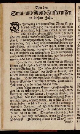 Von den Sonn- und Mond-Finsternissen in diesem Jahr. - Von der sichtbaren Erscheinung der Planeten in jedweden Monath.