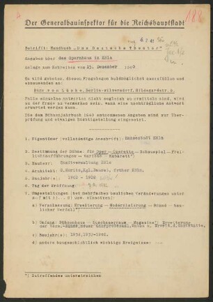 Opernhaus, Köln: Fragebogen für das Handbuch »Das Deutsche Theater«, vierseitiges Dokument