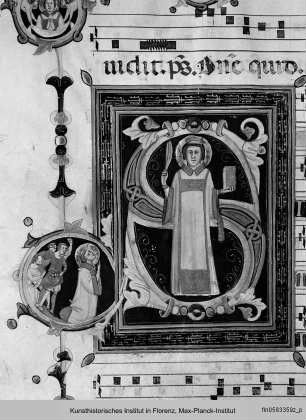 Initiale S mit dem Heiligen Stephanus und fünf Medaillons mit Szenen aus seinem Protomartyrium - Antiphonarium proprium de tempore et Commune Sanctorum