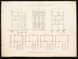 Wohnhaus Wimmel & Co., Berlin-Tiergarten: Ansicht, 2 Schnitte, 4 Grundrisse