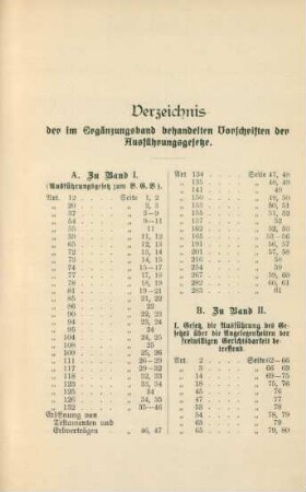 Verzeichnis der im Ergänzungsband behandelten Vorschriften der Ausführungsgesetze
