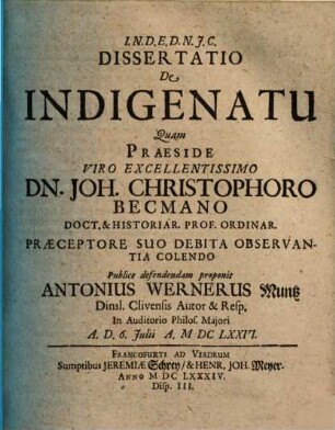 Dissertatio De Indigenatu