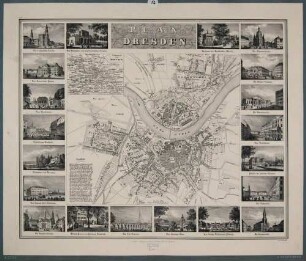 Stadtplan von Dresden mit Umgebungskarte, Verzeichnis der Gasthöfe und 20 Stadtansichten