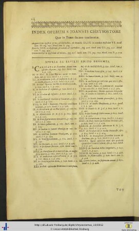 Index operum S. Joannis Chrysostomi quae in tomo decimo continentur.