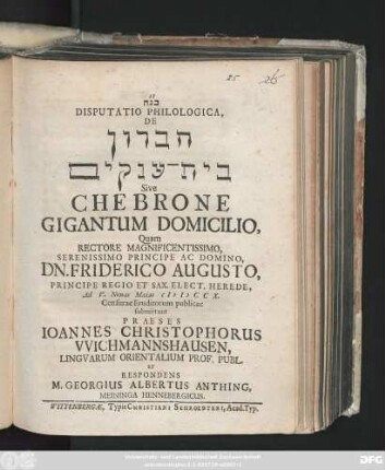 Disputatio Philologica, De Ḥevron bet ʿanaḳim Sive Chebrone Gigantum Domicilio