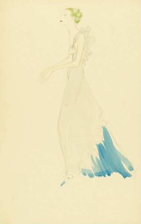 Dame in grau-blauem Abendkleid