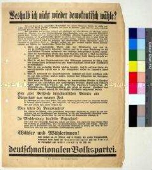 Gegen die DDP gerichteter programmatischer Wahlaufruf der Deutschnationale Volkspartei mit Vorwurf des Verrats am Bürgertum am Beispiel Thüringen und Mecklenburg