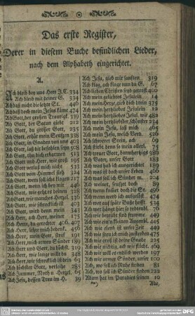 Das erste Register, Derer in diesem Buche befindlichen Lieder, nach dem Alphabeth eingerichtet