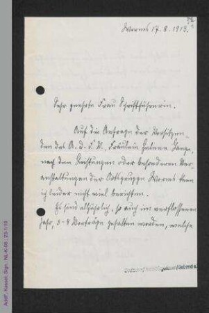Brief von M[arie] Heidenhain, Ortsgruppe Worms an die Vorsitzende des ADF
