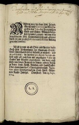Nachdem man bey dem Löbl. Fränckischen Crayß-Convent im Werck begriffen, den Valor der Frantzösischen Gold- und Silber-Müntzen dergestalt herunter zu setzen ... : Onolzbach, den 13. Sept. 1714.