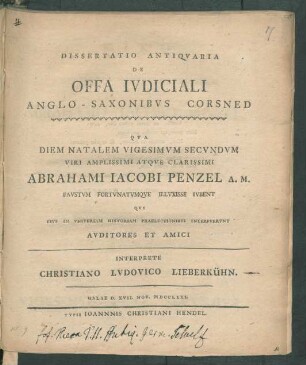 Dissertatio Antiquaria De Offa Iudiciali Anglo-Saxonibus Corsned