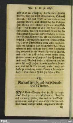 VIII. Nervenstärkende und verwahrende Gold-Tinctur