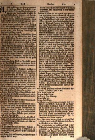 Reales Staats- Zeitungs- und Conversations-Lexicon : Darinnen so wohl Die Religionen und geistlichen Orden, die Reiche und Staaten, Meere, Seen, Inseln, Flüsse, Städte, Festungen, Schlösser, Häfen, Berge, Vorgebirge, Pässe und Wälder, die Linien Deutscher hoher Häuser, die in verschiedenen Ländern übliche so geistige als weltliche Ritter-Orden, Wapen, Reichs-Tage, gelehrte Societäten, Gerichte, Civil- und Militair-Chargen zu Wasser und Lande, der Unterscheid der Meilen, vornehmsten Müntzen, Maaß und Gewichte, die zur Kriegs-Bau-Kunst, Artillerie ... gebräuchlichen Benennungen; Als auch Andere in Zeitungen und täglicher Conversation vorkommende aus fremden Sprachen entlehnte Wörter, nebst den alltäglichen Terminis Juridicis und Technicis, Gelehrten ... deutlich beschrieben werden
