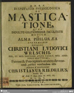 Disputatio Physiologica De Masticatione