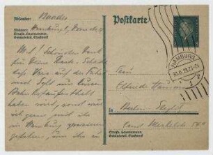 Postkarte von Johannes Baader an Elfriede Hausmann. [Poststempel: Hamburg]