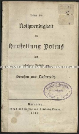Abhandlung über die Wiederherstellung des polnischen Staates nach dem Aufstand 1830/31