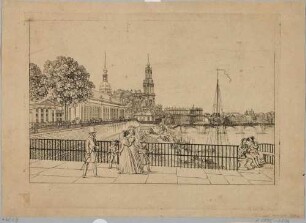 Die Brühlsche Terrasse in Dresden, Blick vom westlichen Ende der Jungfernbastei nach Westen auf das Café Reale, die Brühlsche Galerie, den Turm der Katholischen Hofkirche und den ersten Bau der Semperoper