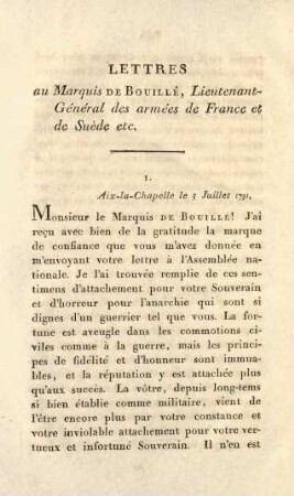 342-352, Lettres au Marquis de Bouillé, Lieutenant-Général des armées de France et de Suède etc.