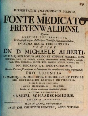 Diss. inaug. med. de fonte medicato Freyenwaldensi