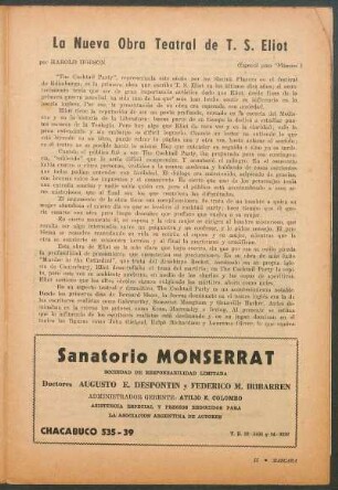 La nueva obra teatral de T. S. Eliot : (Especial para "Máscara")