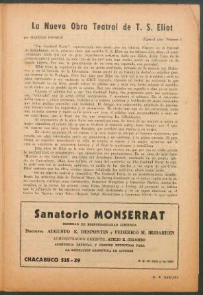 La nueva obra teatral de T. S. Eliot : (Especial para "Máscara")