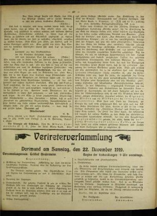 Vertreterversammlung zu Dortmund am Samstag, den 22. November 1919