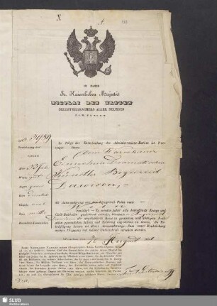 Nr. 108: Gorcakov, Aleksandr M.: Bewilligung der "Auswanderung aus dem Königreich Polen nach Wien"
